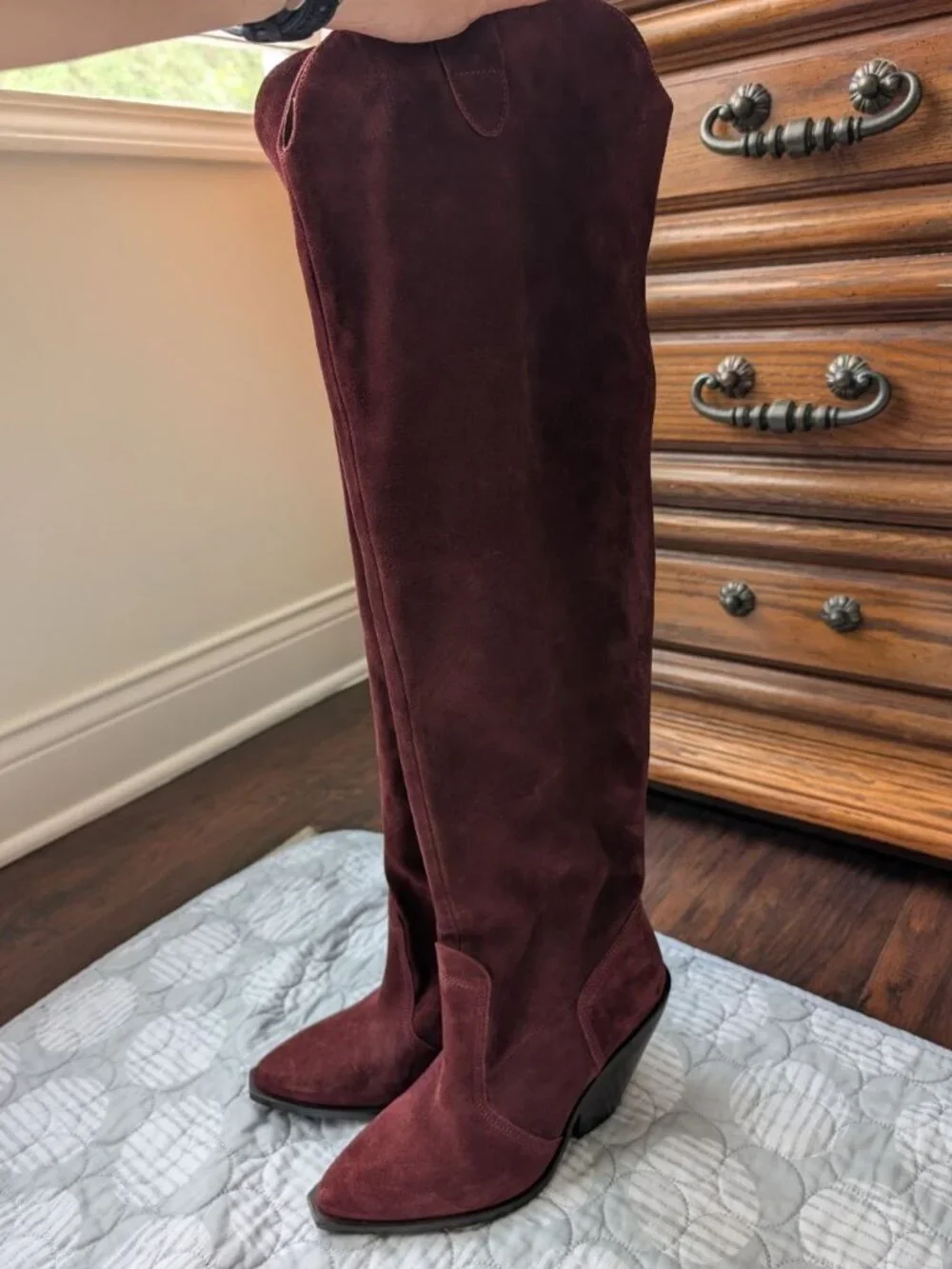 Free People Triple Crown Over The Knee Boots Burgundy Suede Western Size 7 NEW